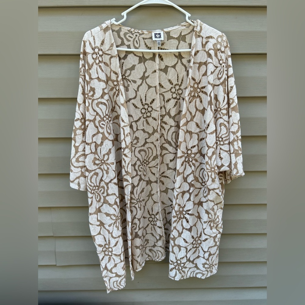 Anne Klein oversized floral lace ivory open kimono duster S/M cottage fall boho